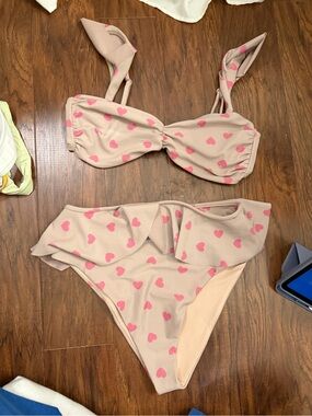 Beach Riot Beige Bandeau Bikini with Pink Heart Print
